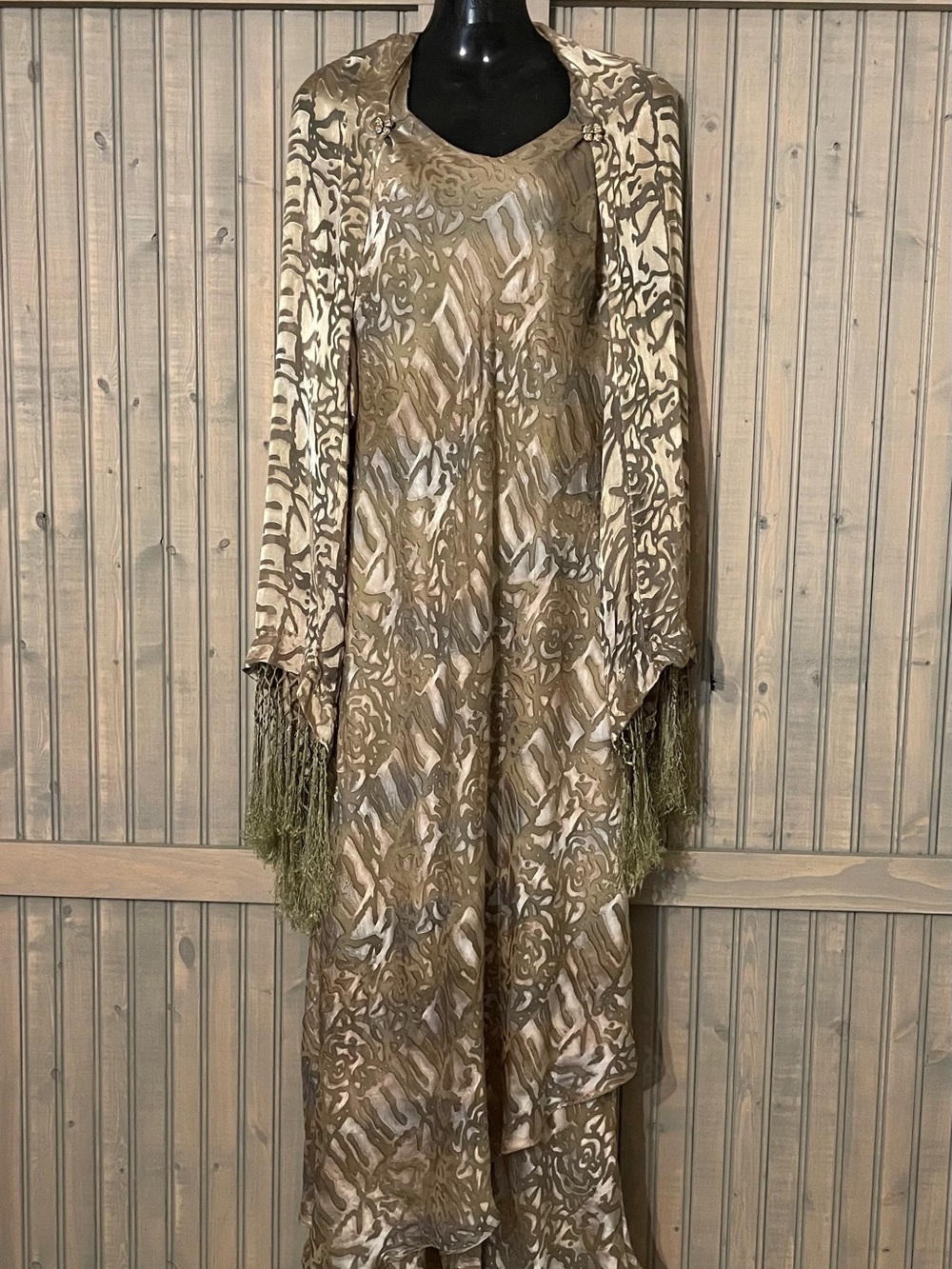 Flocked Silk Women’s Evening Dress with Fringe
